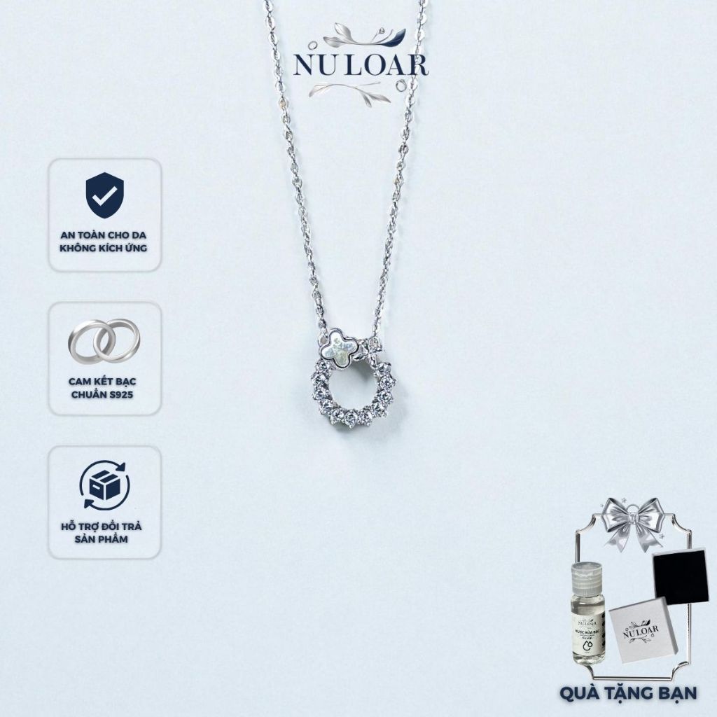 Vòng Cổ Bạc Nữ, Vòng Cổ Bạc Nữ Mặt Tròn Cỏ 4 Lá May Mắn Đính Đá Dây Chuyền Bạc Nữ 925 Nuloar Jewelry