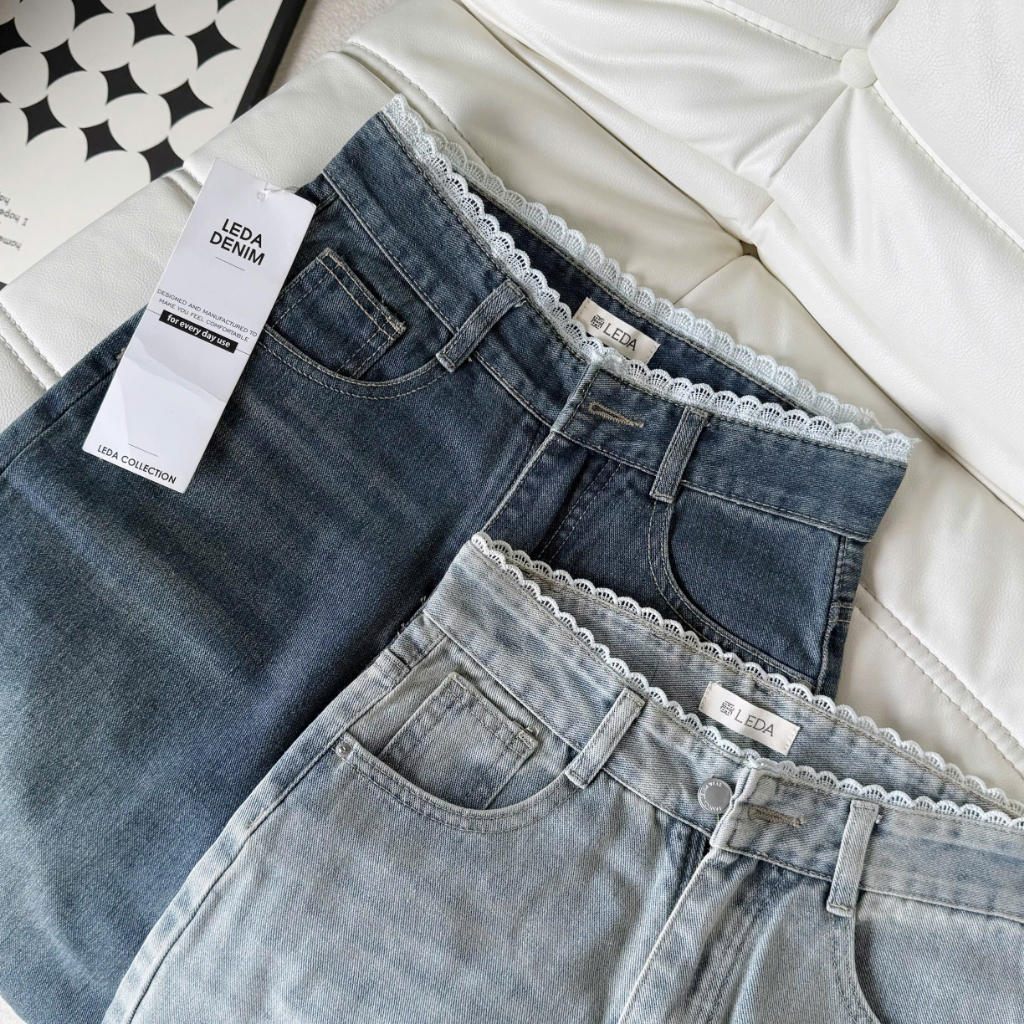 Quần Jean Ống Suông PHỐI REN Lưng Cao Nữ LEDA Quần Bò Rin Ống Rộng Nấm Lùn