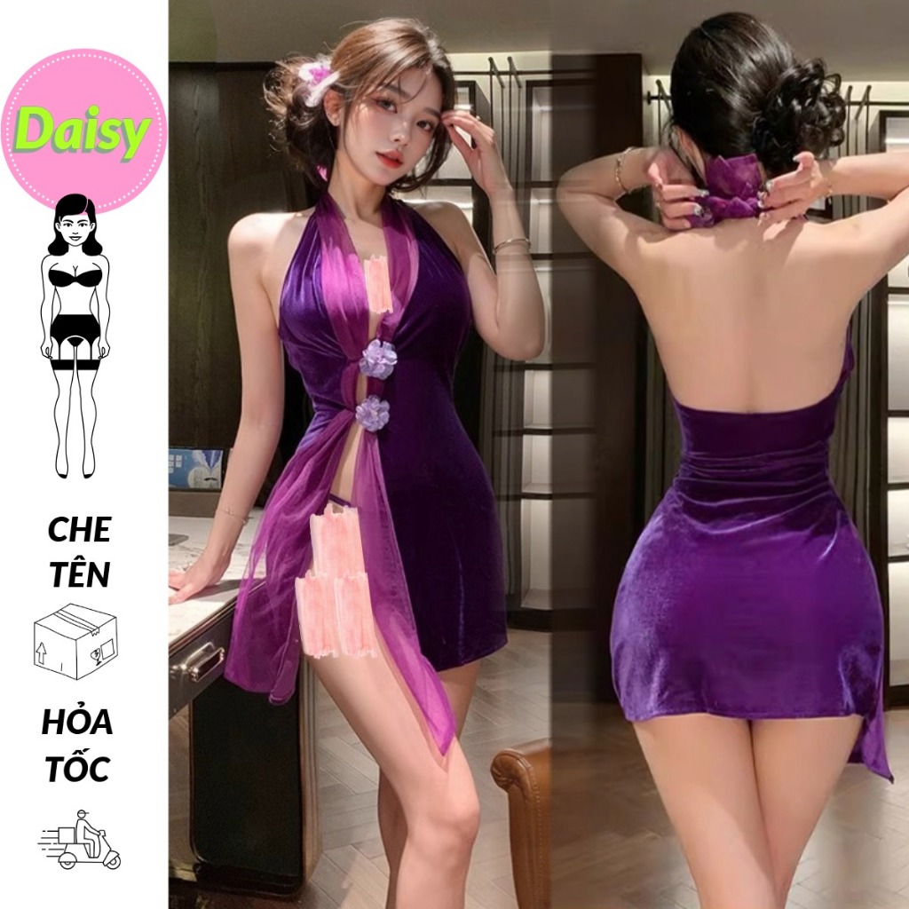 Cosplay sườn xám cách tân tím mộng mơ phối nhung sexy - váy ngủ phong cách cổ trang Trung Hoa Hán ph