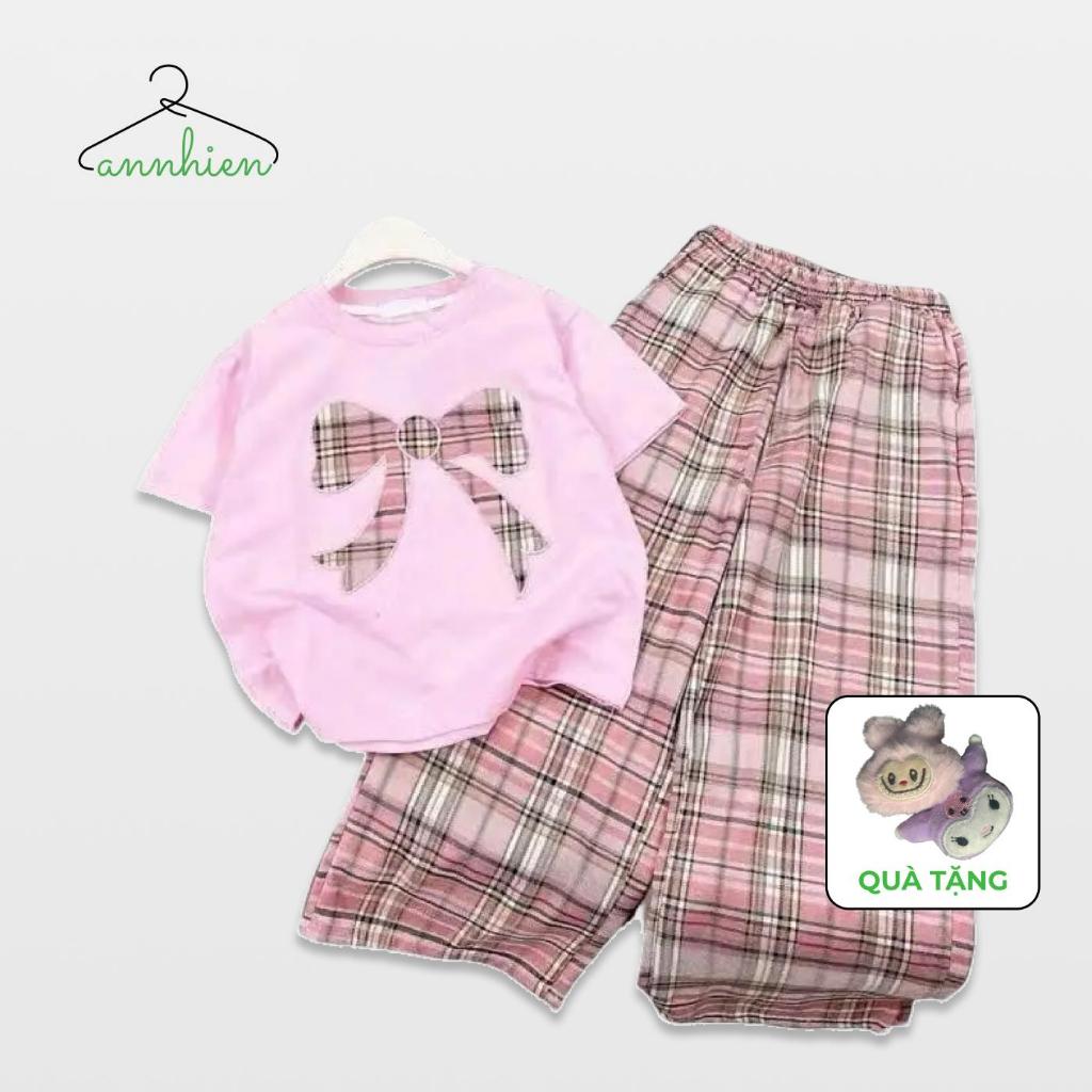 Set đồ COTTON bé gái quần áo (NƠ Ô VUÔNG, 2 MÀU)