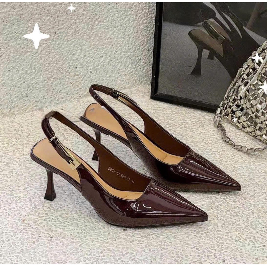 QBEL Giày Cao Gót Mũi Nhọn 7cm Da PU Bóng Đen, Nâu