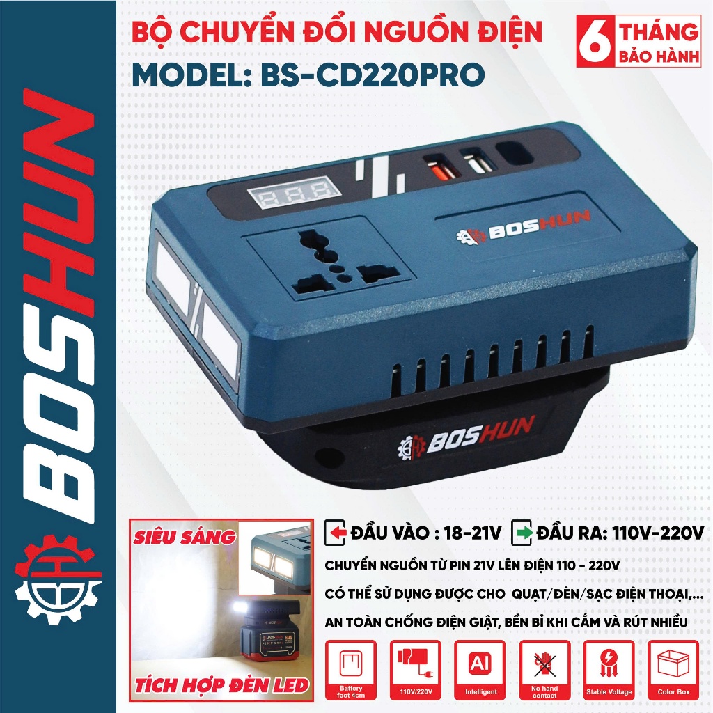 [2 phiên bản] Đế chuyển đổi nguồn điện BOSHUN BS-CD220PRO, Chuyển từ 21v lên 220v, Chân phổ thông