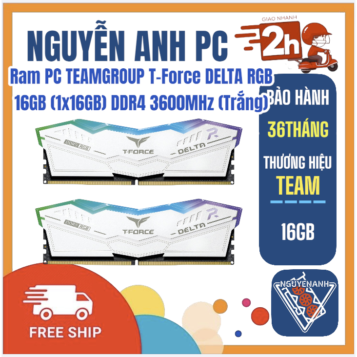 Ram PC TEAMGROUP T-Force DELTA RGB 16GB (1x16GB) DDR4 3600MHz (Trắng)