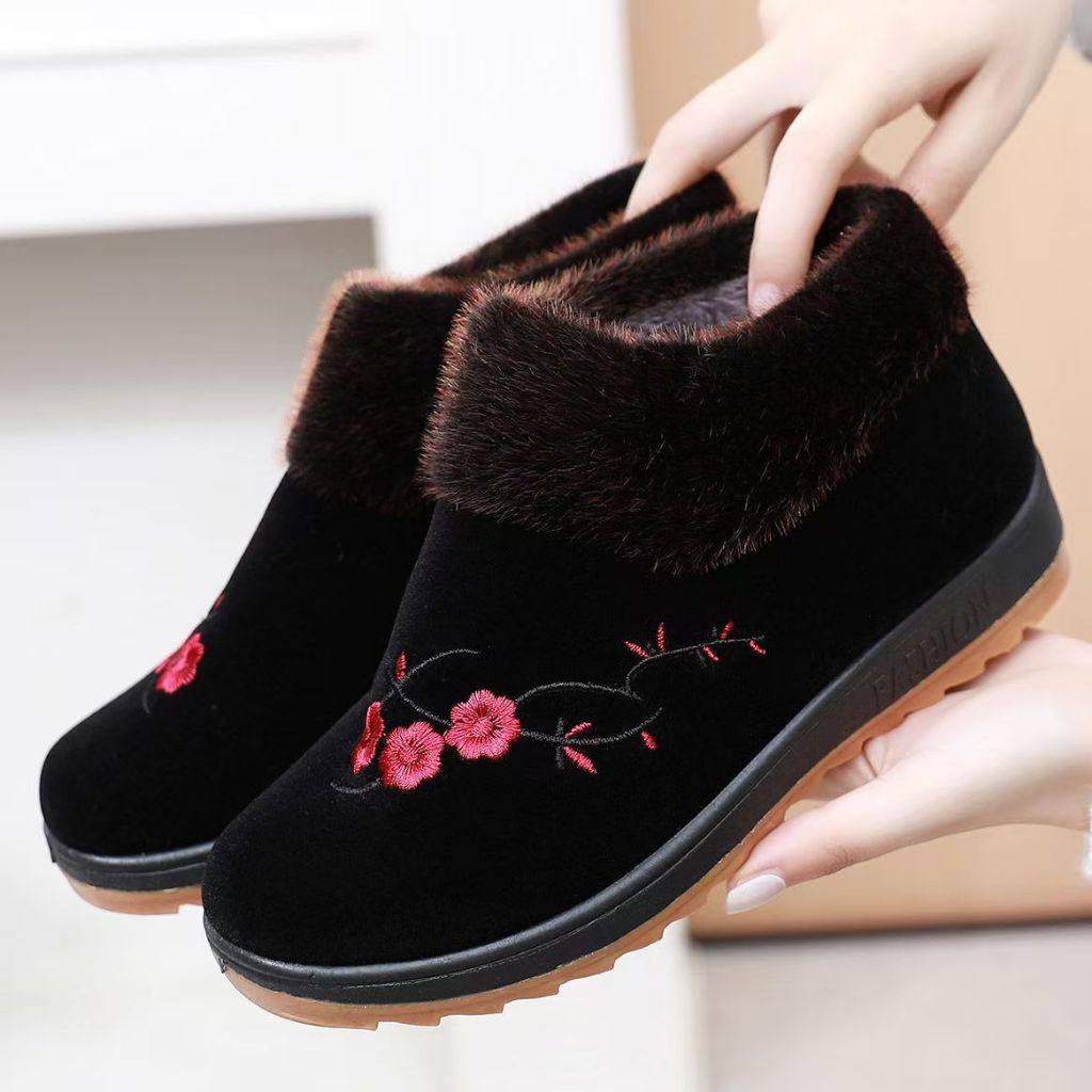 Giày Bông Mùa Đông Đế Bằng Lót Nhung Giữ Ấm, Giày Chống Trượt Đế Mềm Cho Bà