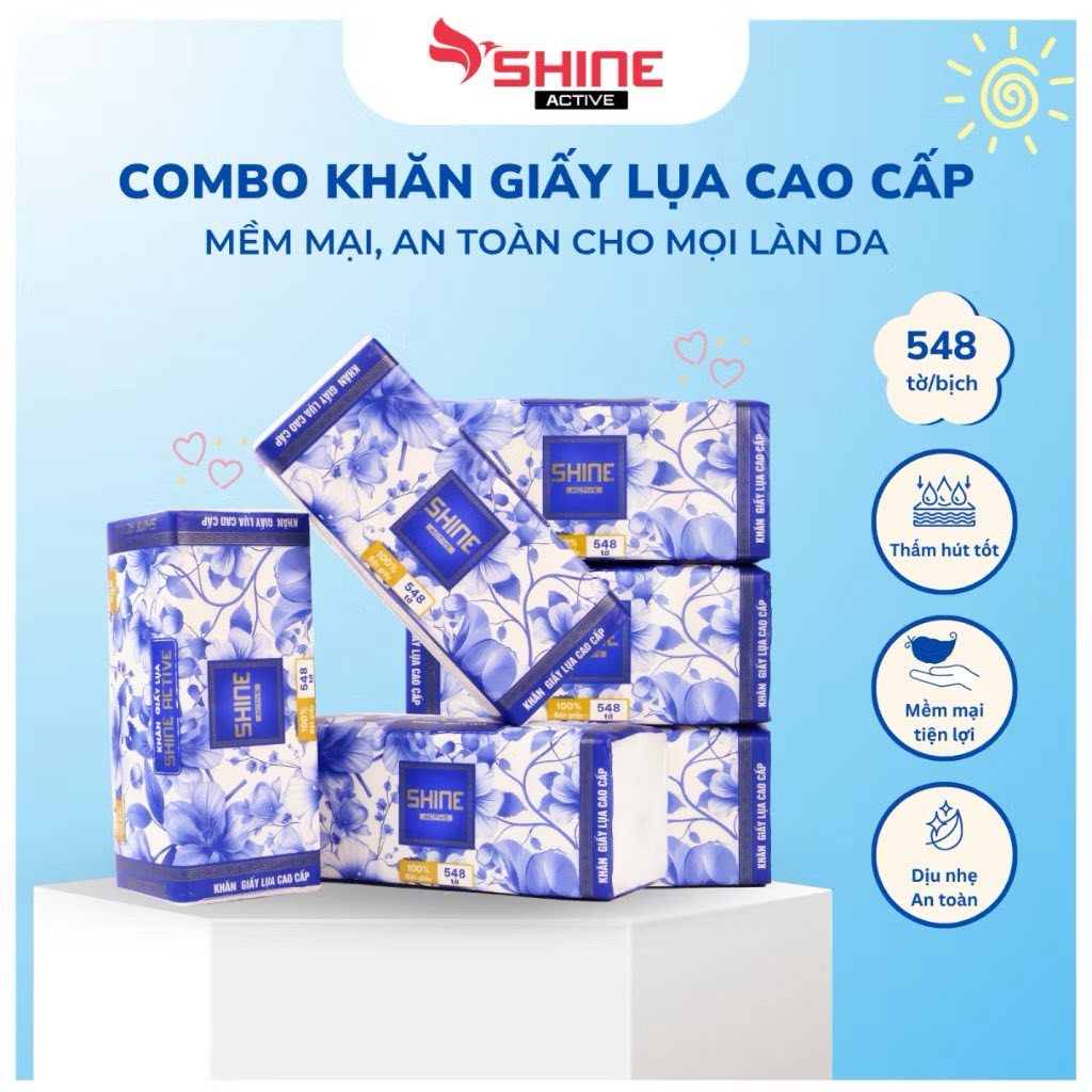 Combo Giấy Ăn 4 Lớp GA-06 Hàng Chính Hãng Shine Active, Không Chứa Chất Tẩy, 100% Bột Tự Nhiên