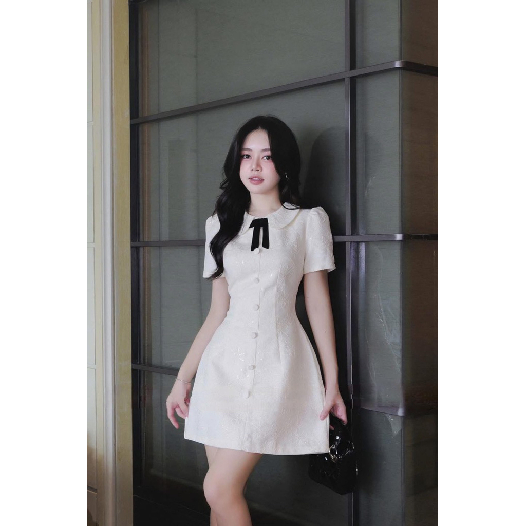 HD store - Váy dạ bling vân hoa cổ nơ dáng A