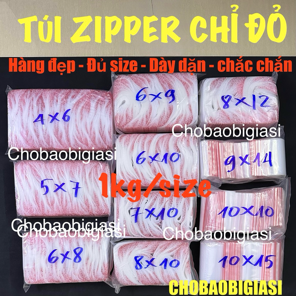 {1kg/size} Túi zip chỉ đỏ cỡ nhỏ 4x6/5x7/6x8/6x9/6x10 đến cỡ lớn 40x60, 50x70,60x80 túi díp loại tốt - dày dặn-chắc chắn