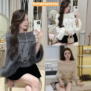 HV -  QCCC  Áo Len Dài Tay Len Thừng Trễ Vai Tay Lông 3 Màu Mặc 2 Kiểu 