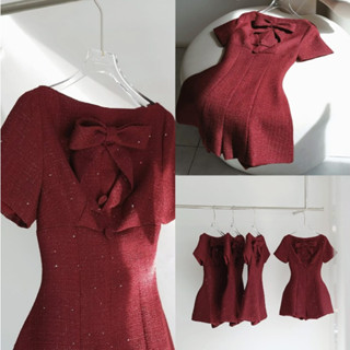  LIPU - ĐẦM VÁY ĐỎ CỘC TAY DÁNG NGẮN BALA ĐÍNH NƠ GIỮA 