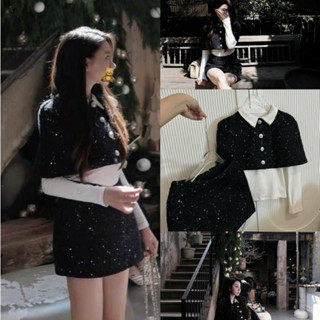  LIPU - SET ÁO DÀI TAY TRẮNG CÓ CỔ MIX ÁO CHOÀNG ĐEN PHỐI CHÂN VÁY DÁNG NGẮN 