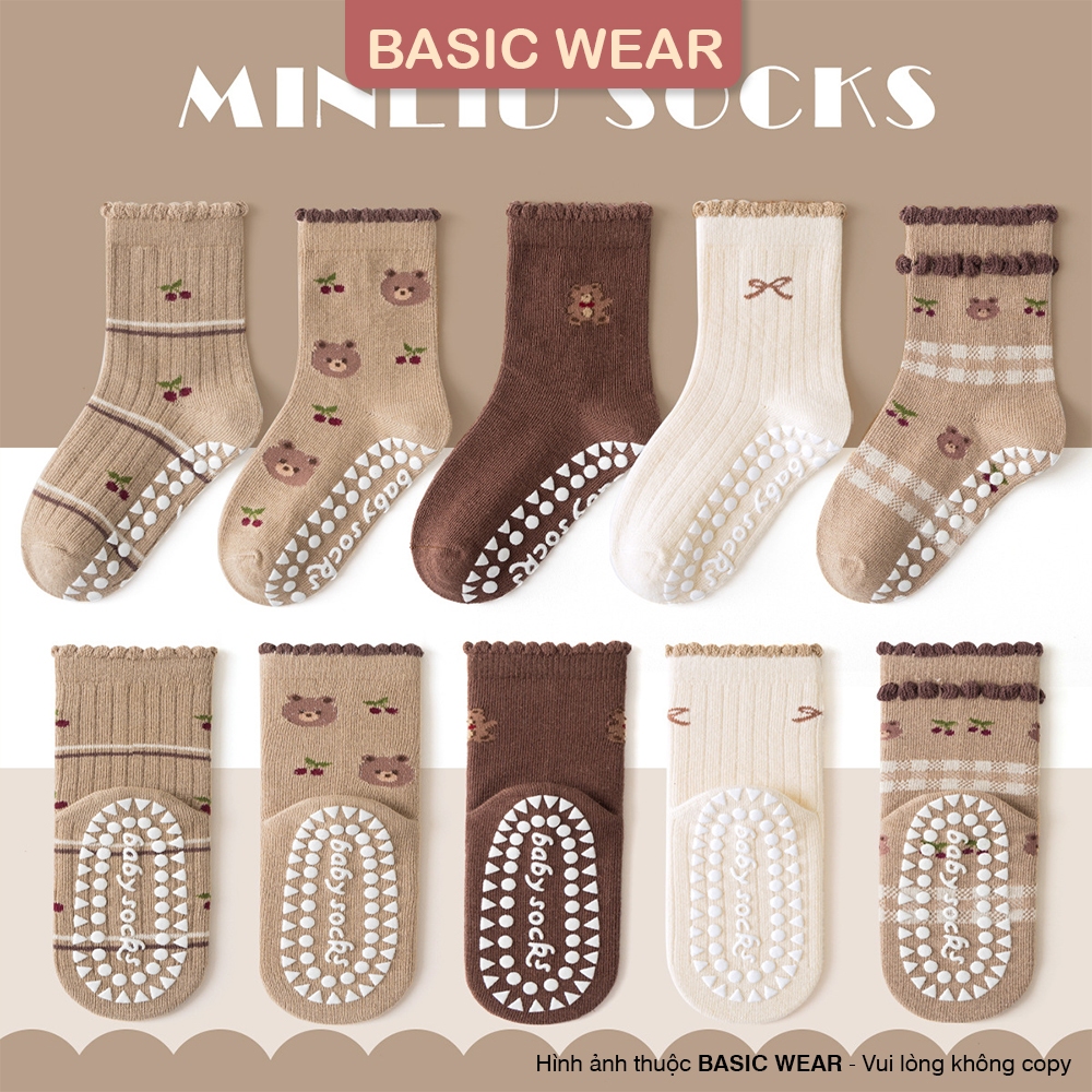 Set 5 Đôi Tất Cổ Cao Chống Trơn Cho Bé Gái 1-12 Tuổi, Tất Cổ Cao Cho Bé Gái Hình Hoa Gấu Nâu TE137