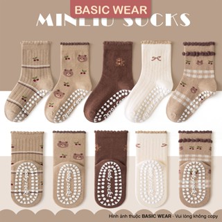 Set 5 Đôi Tất Cổ Cao Chống Trơn Cho Bé Gái 1-12 Tuổi, Tất Cổ Cao Cho Bé Gái Hình Hoa Gấu Nâu TE137