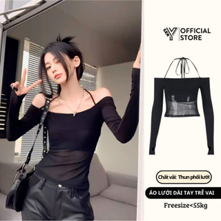  Áo trễ vai nữ tay dài phối lưới GenY dáng áo dài ôm body với màu đen cá tính vải lưới mềm mịn ADT4 