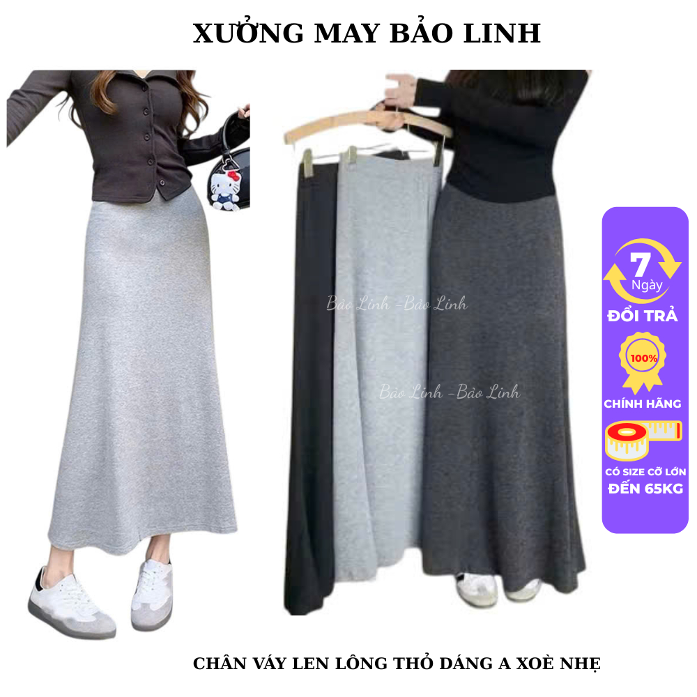 Chân váy len Lông Thỏ Dáng A Dái Bảo Linh Cạp Chun Co Giãn Có Xẻ tà Sau Chất Len mềm Mịn hách Dáng M