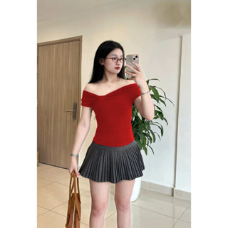  BARE_Áo Nhún Nơ Ngực Lệch Vai Áo Thun Trễ Vai Xoắn Chéo Ngực Ôm Body Phong Cách Ullzang_A513 