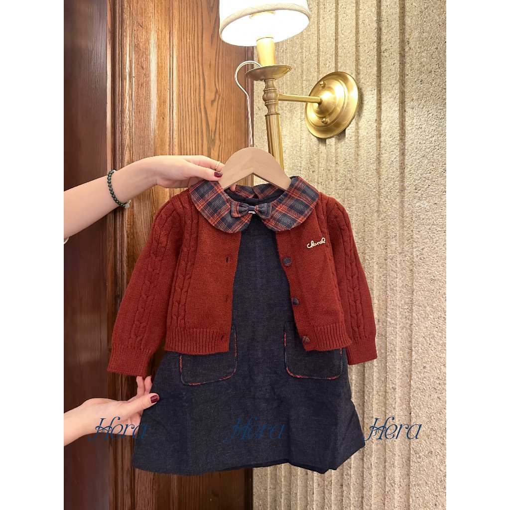 Set đồ bé gái QCCC chất len đỏ mix váy dạ xanh hàng Quảng Châu cao cấp