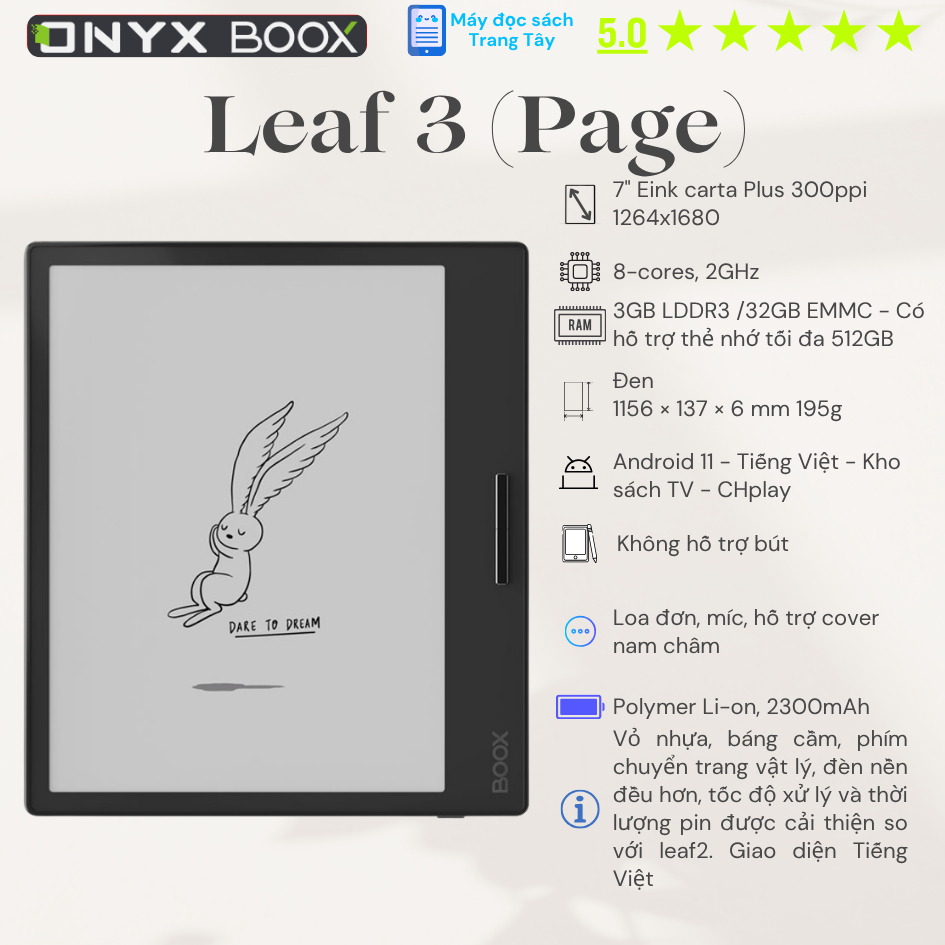 Máy đọc sách Onyx Boox Leaf3 - đã cài thành Page