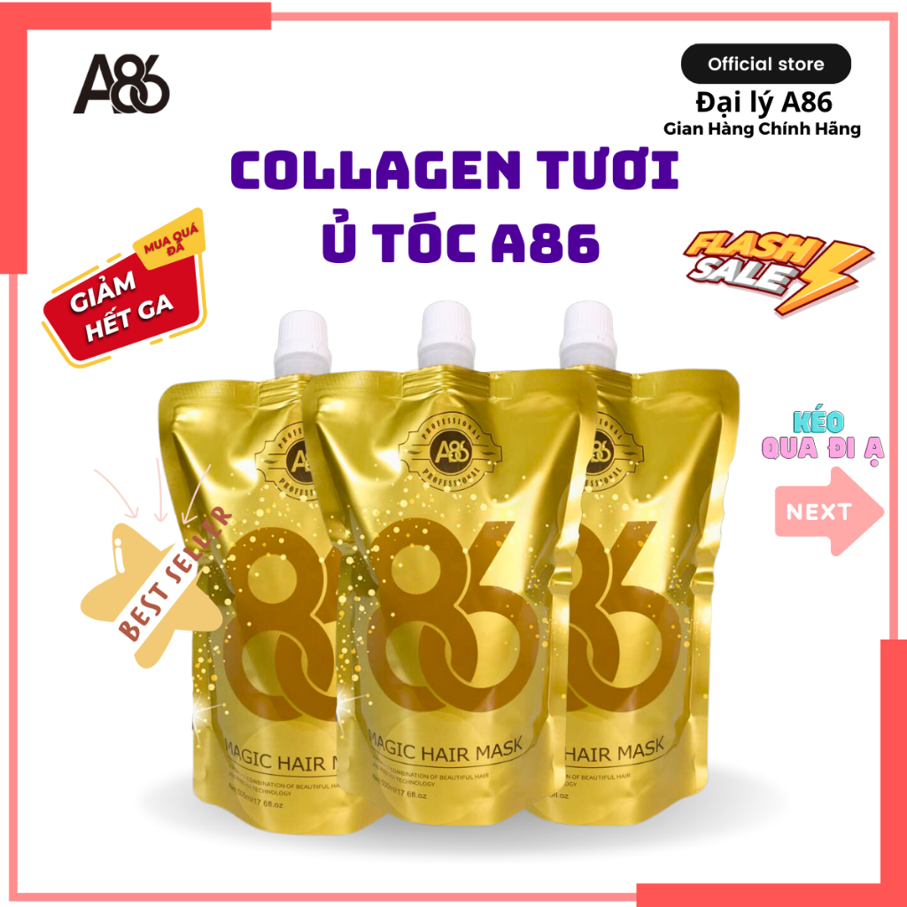 COLLAGEN TƯƠI A86 - Ủ/HẤP PHỤC HỒI SIÊU BÓNG MƯỢT CHO TÓC KHÔ SƠ - 500ML