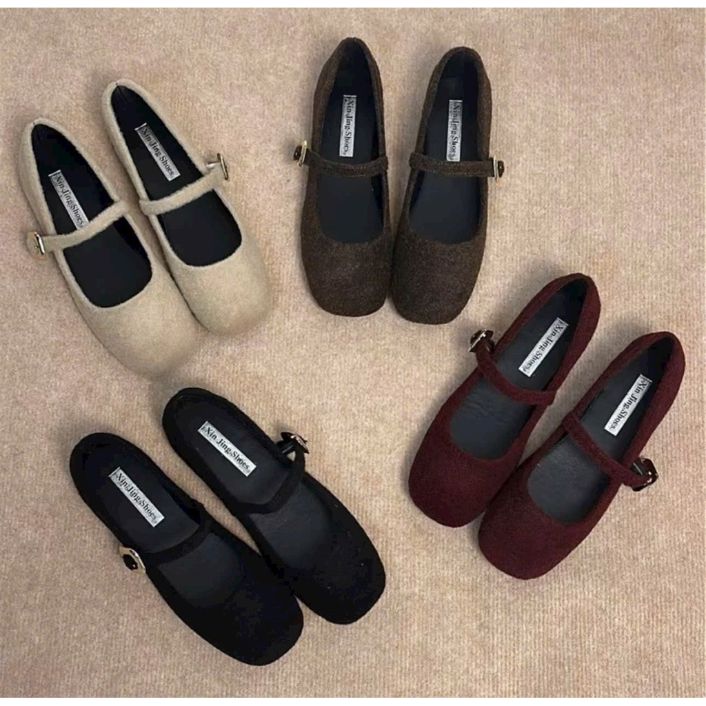 Giày búp bê nữ chất da nhung VẢI XÙ dây ngang hottrend K6