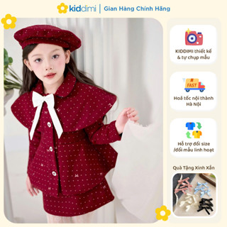   Chính chủ KIDDIMI  Set dạ nỉ đỏ đô TẶNG MŨ NỒI sang chảnh tiểu thư cho bé gái - COZI SET 
