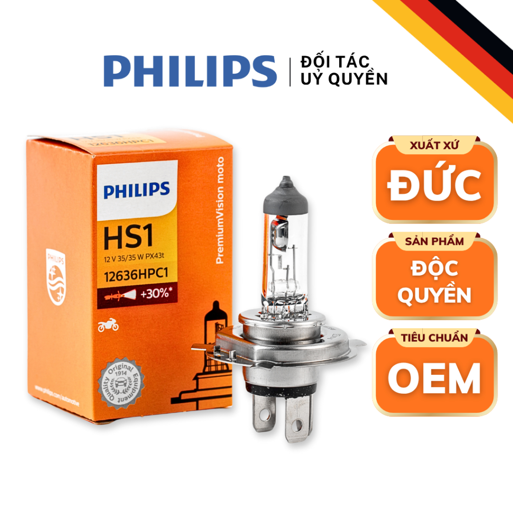 Bóng đèn xe máy Philips Halogen HS1 12V 35/35W sản xuất tại Đức mã 12636HPC1
