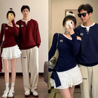  Set đồ đôi áo cặp đôi tay dài thu đông xanh navy nữ dáng trễ vai xinh xắn 