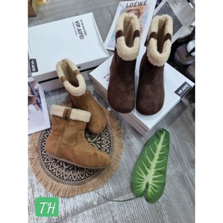  Boot nữ cổ thấp da lộn lót lông cừu hai mầu nâu + vàng bò. Hàng Quảng châu fullbox 