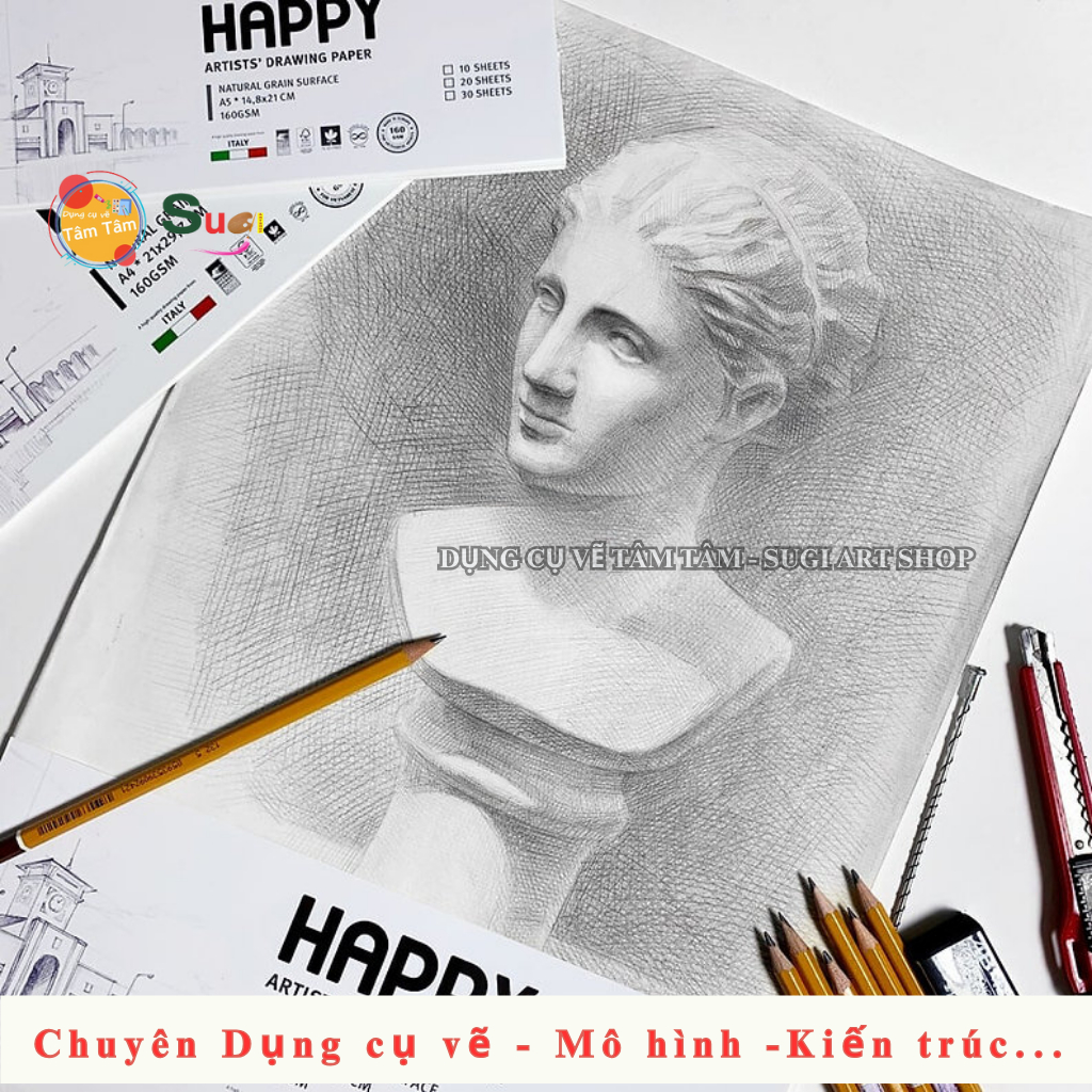 [ Tâm Tâ,m ] Giấy vẽ kí Họa 160gsm , Tập Giấy Vẽ Chì HAPPY 160gsm