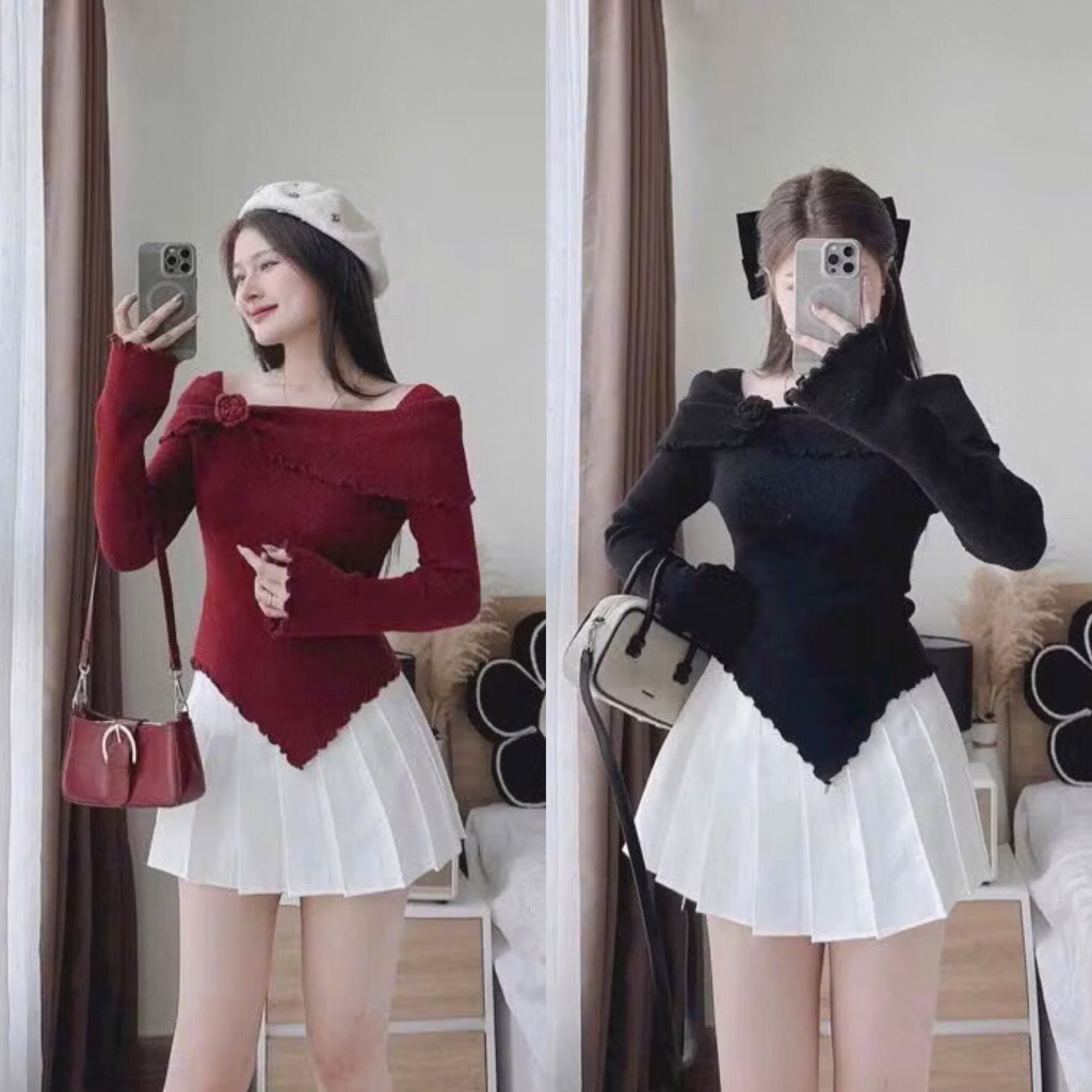 Áo Len tiểu thư trễ vai - Set váy áo outfit Tết du xuân A347