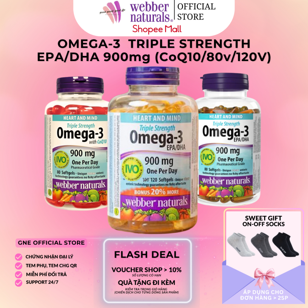 Dầu cá Triple Strength Omega-3  EPA/DHA 900mg with COQ10 Webber naturals 80/120v dùng cho nam và nữ