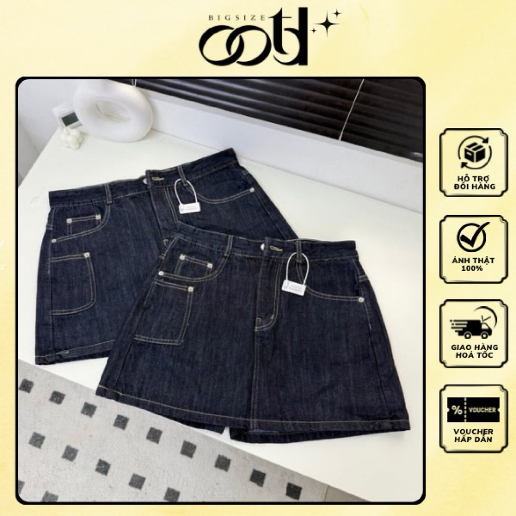 OOTD BIGSIZE - Quần váy jean bigsize nữ xanh than túi hông