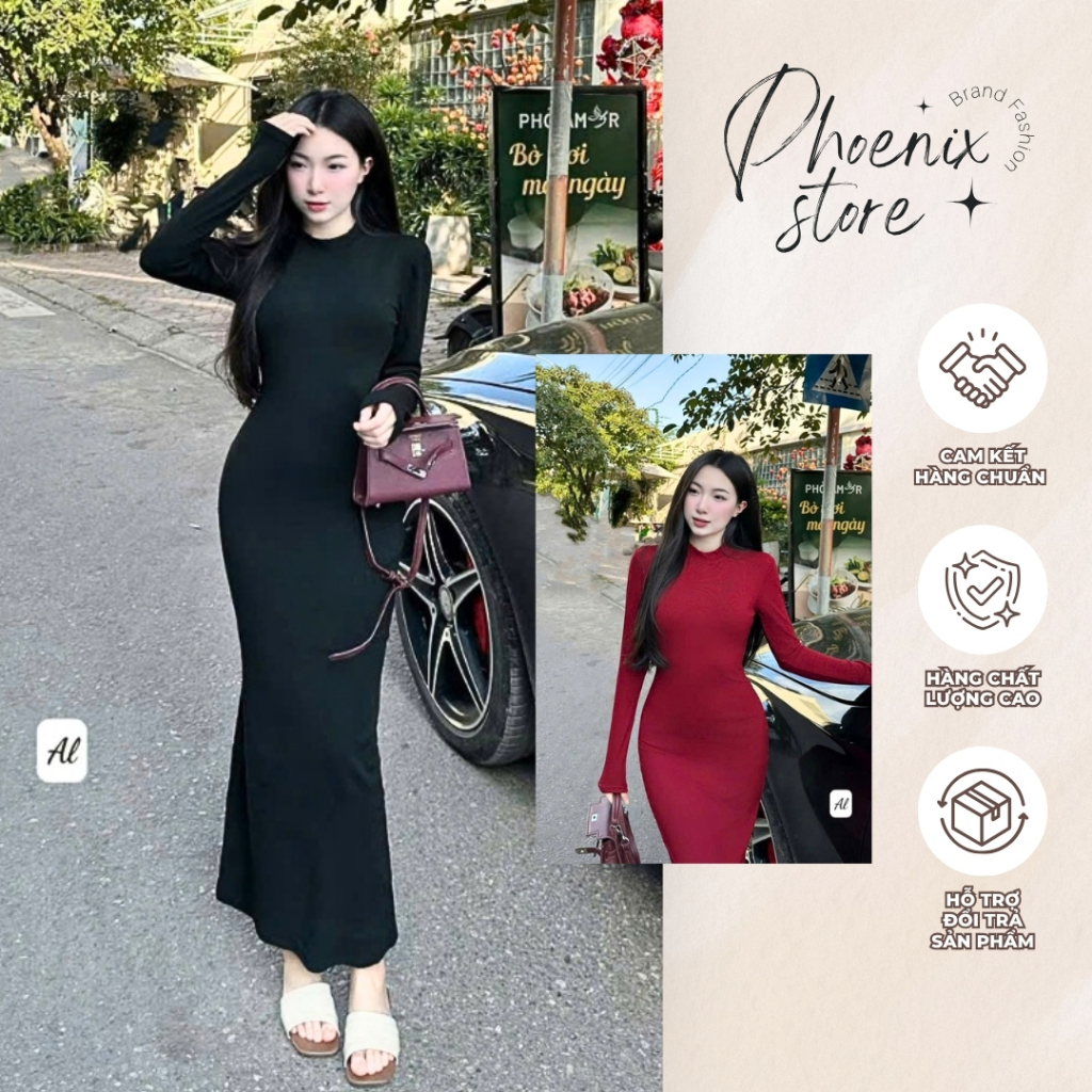 Váy Thun Ôm Body Dài Tay Dáng Dài Cổ Tròn Phoenix Store
