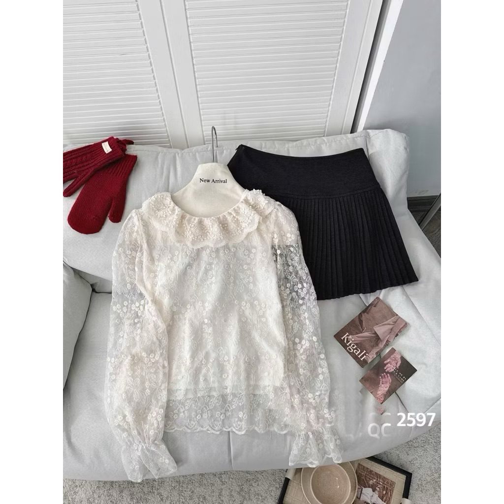 [A3001] ÁO REN HOA NỔI CỔ BÈO Wei Yi Studio- Áo sơ mi ren hoa kiểu QC tay bồng 2 lớp ulzzang tiểu thư HQ | BigBuy360 - bigbuy360.vn