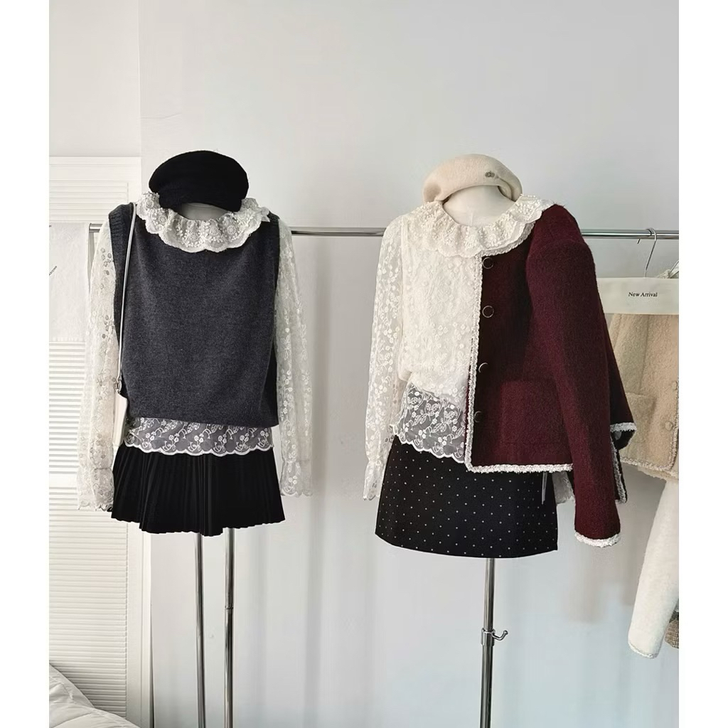 [A3001] ÁO REN HOA NỔI CỔ BÈO Wei Yi Studio- Áo sơ mi ren hoa kiểu QC tay bồng 2 lớp ulzzang tiểu thư HQ | BigBuy360 - bigbuy360.vn