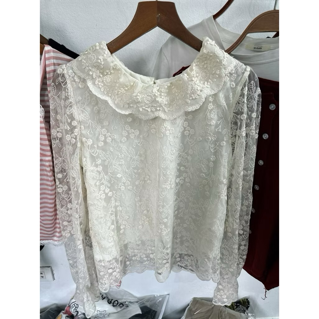 [A3001] ÁO REN HOA NỔI CỔ BÈO Wei Yi Studio- Áo sơ mi ren hoa kiểu QC tay bồng 2 lớp ulzzang tiểu thư HQ | BigBuy360 - bigbuy360.vn