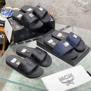 Dép M.C.M Xanh Navy FulBox Tag Logo Dép Quai Ngang Nam Nữ, Dép Quai Ngang M.C.M Nam Nữ MờCêMờ Phối Màu Siêu Chất.