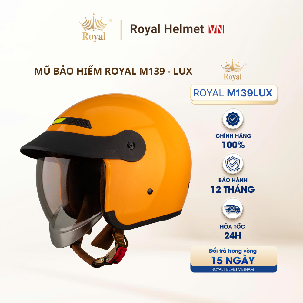 [VÀNG BÓNG] Mũ Bảo Hiểm 3/4 Royal M139 LUXURY Trơn Kính Âm Chính Hãng, Chống Chói, Chống UV | Royal 