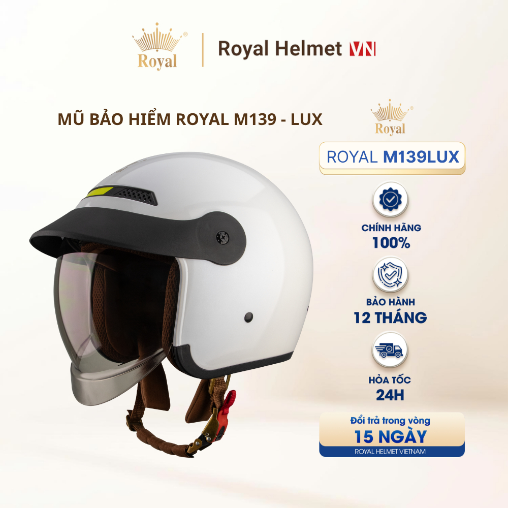 [TRẮNG BÓNG] Mũ Bảo Hiểm 3/4 Royal M139 LUXURY Trơn Kính Âm Chính Hãng, Chống Chói, Chống UV