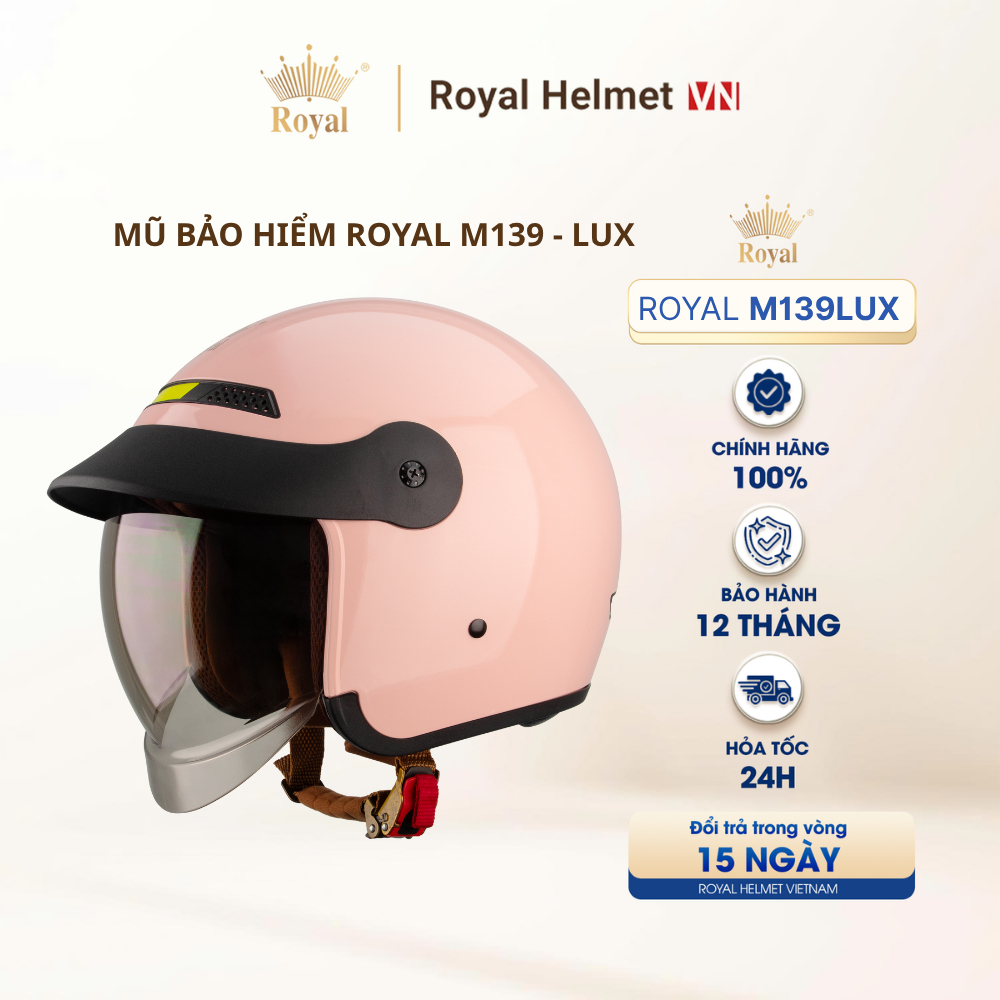 [HỒNG SỮA] Mũ Bảo Hiểm 3/4 Royal M139 LUXURY Trơn Kính Âm Chính Hãng, Chống Chói, Chống UV
