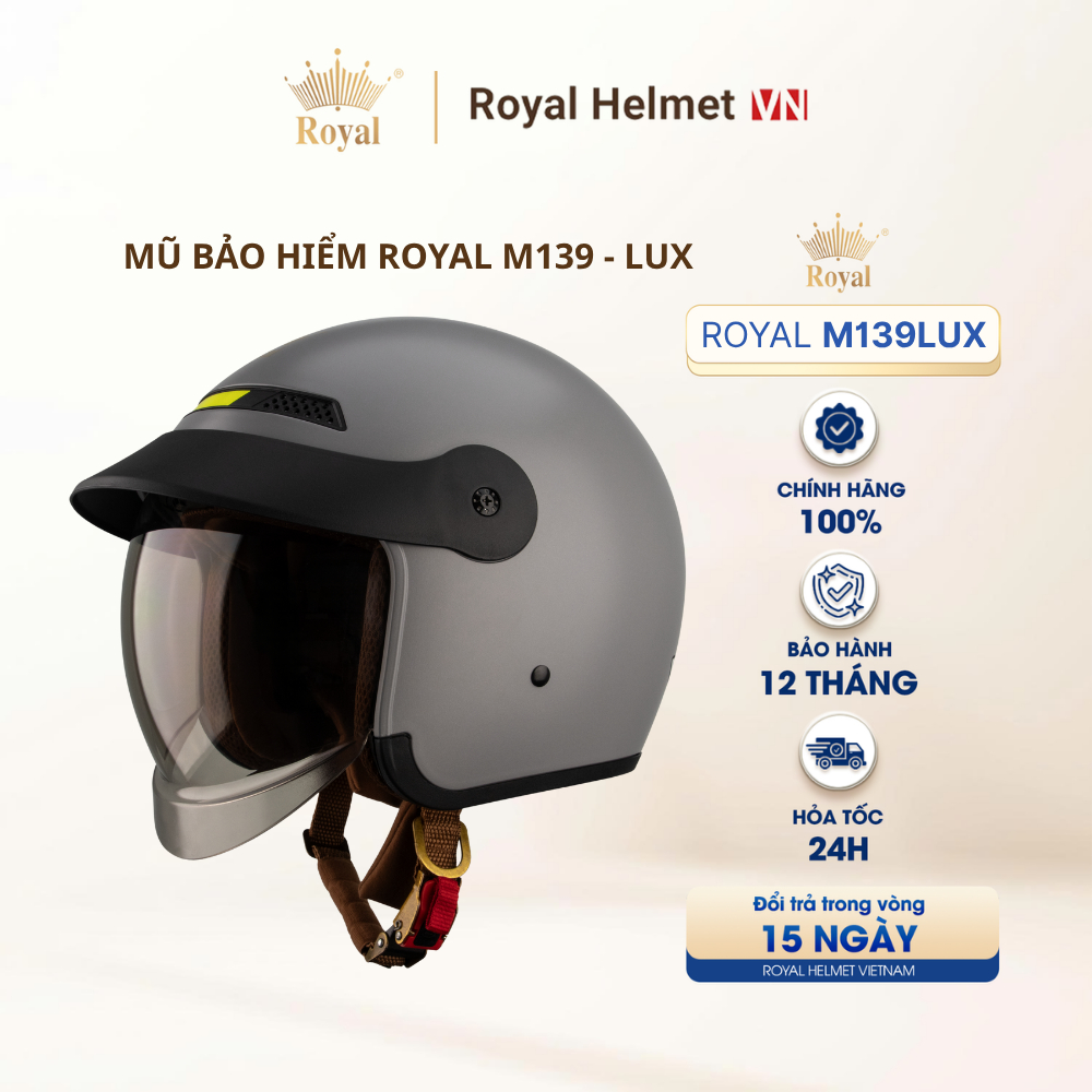 [XÁM TITAN] Mũ Bảo Hiểm 3/4 Royal M139 LUXURY Trơn Kính Âm Chính Hãng, Chống Chói, Chống UV | Royal 