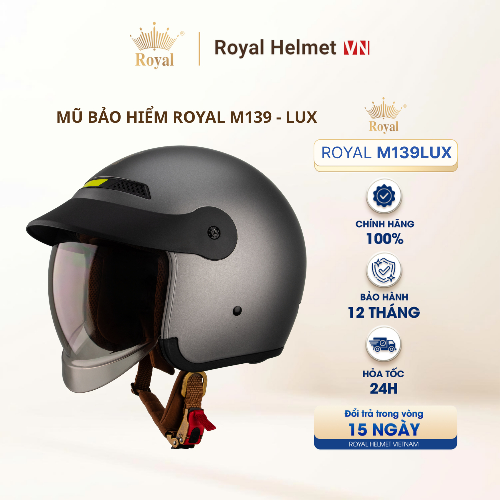 [XÁM XI MĂNG CAMAY] Mũ Bảo Hiểm 3/4 Royal M139 LUXURY Trơn Kính Âm Chính Hãng, Chống Chói, UV | Roya