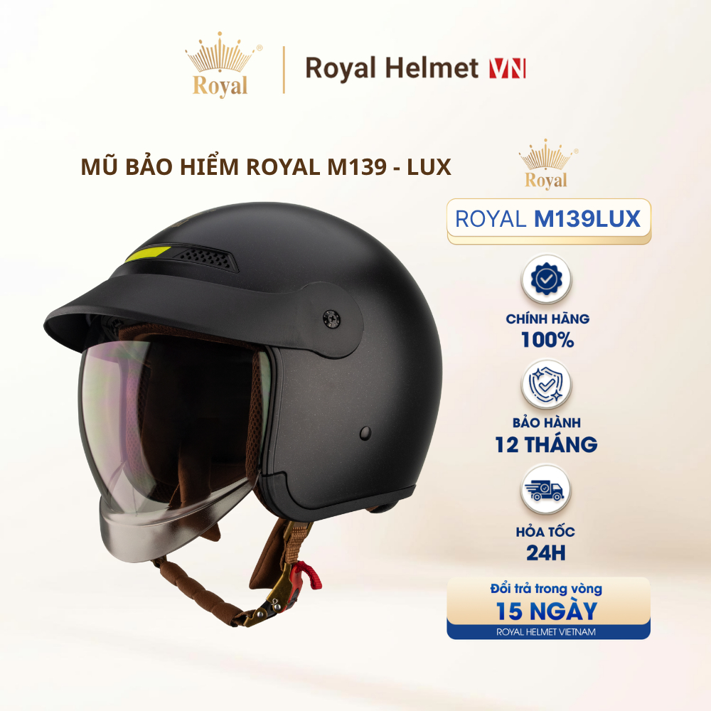 [ĐEN MỜ] Mũ Bảo Hiểm 3/4 Royal M139 LUXURY Trơn Kính Âm Chính Hãng, Chống Chói, Chống UV | Royal Hel
