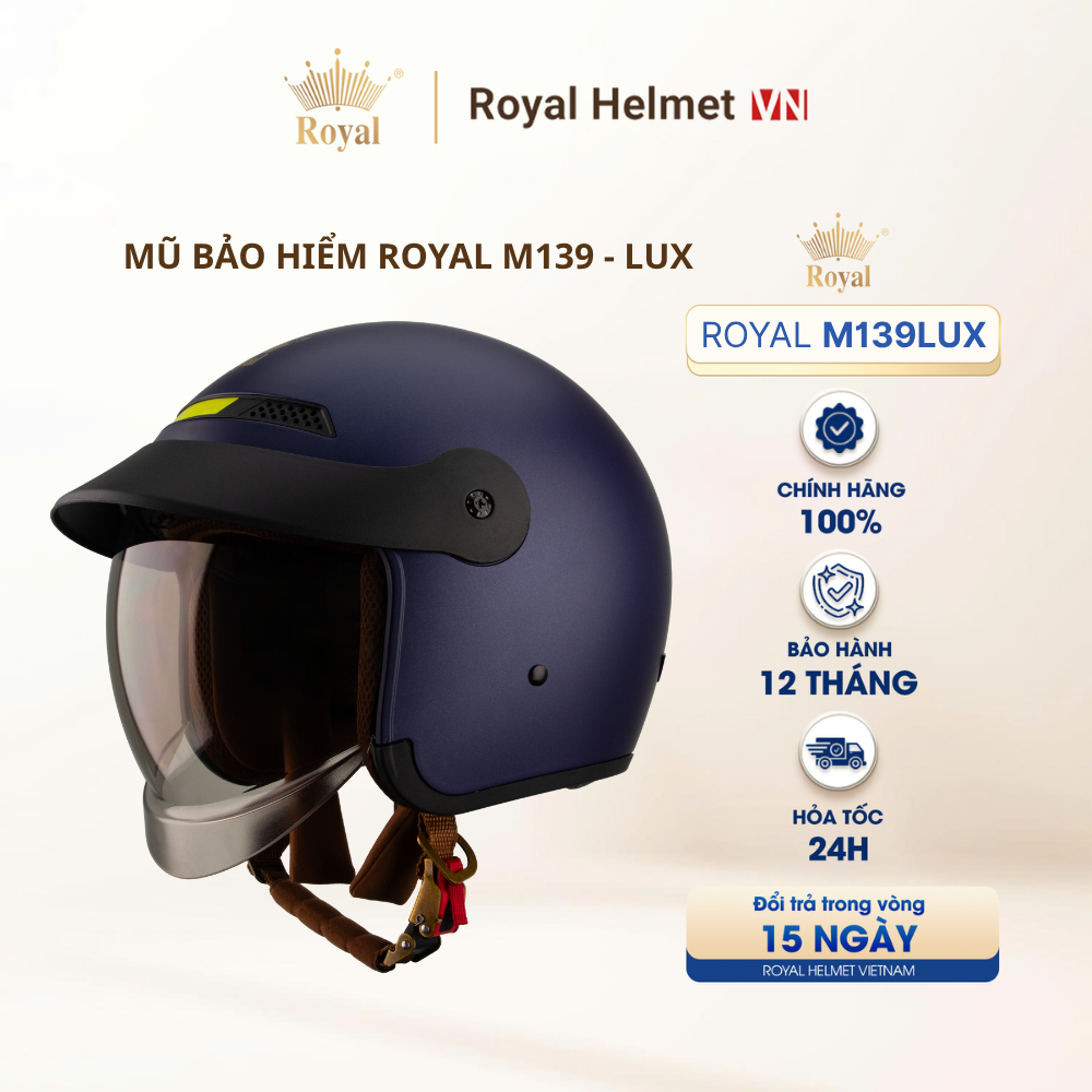 [MỰC MỜ] Mũ Bảo Hiểm 3/4 Royal M139 LUXURY Trơn Kính Âm Chính Hãng, Chống Chói, Chống UV | Royal Hel