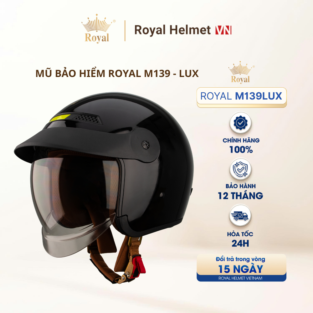 [ĐEN BÓNG] Mũ Bảo Hiểm 3/4 Royal M139 LUXURY Trơn Kính Âm Chính Hãng, Chống Chói, Chống UV | Royal H