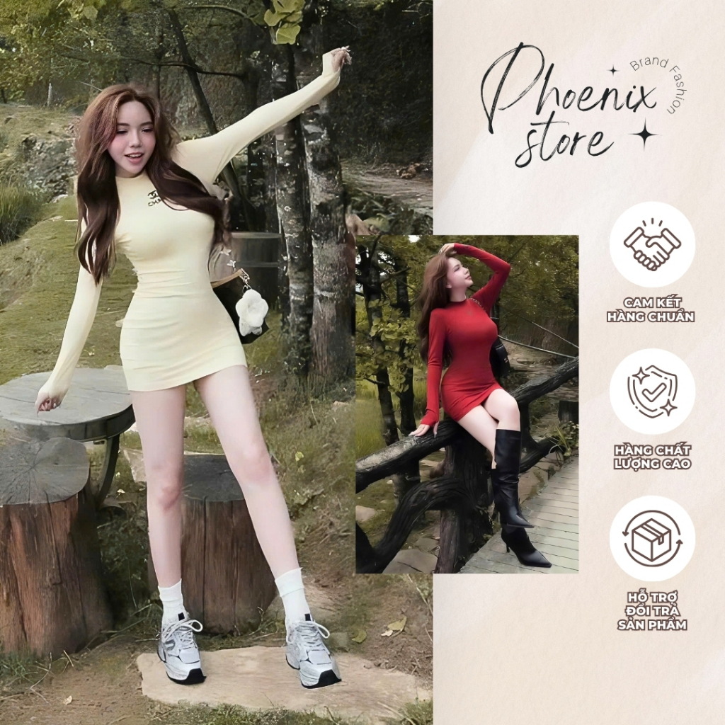 Váy Thun Ôm Body Dài Tay Dáng Ngắn Cổ Lọ 3 Phân Phoenix Store