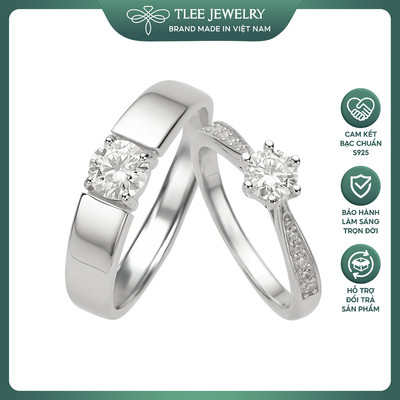 Nhẫn bạc TLEE, nhẫn đôi bạc đeo nam nữ đá chủ 5mm sang trọng TLEE JEWELRY ND0116