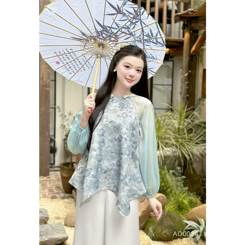 Set đồ truyền thống Giian thiết kế áo cánh rơi, cổ tròn đính nơ cách điệu họa tiết hoa nổi phối quần lụa cao cấp AO0024 | BigBuy360 - bigbuy360.vn