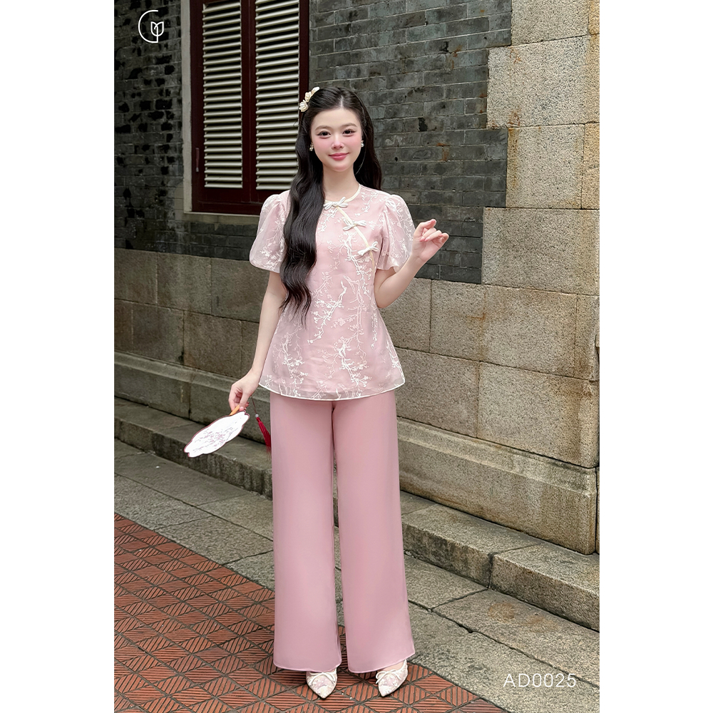 Set đồ truyền thống nữ Giian thiết kế áo cổ tròn đính nơ phối tay bồng cách điệu, dáng ôm nhẹ , phối quần lụa AO0025 | BigBuy360 - bigbuy360.vn