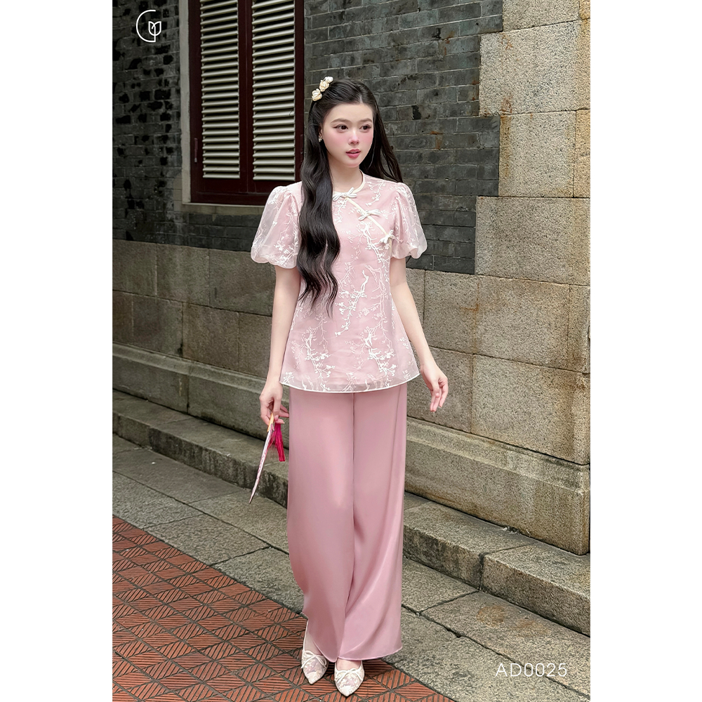 Set đồ truyền thống nữ Giian thiết kế áo cổ tròn đính nơ phối tay bồng cách điệu, dáng ôm nhẹ , phối quần lụa AO0025 | BigBuy360 - bigbuy360.vn