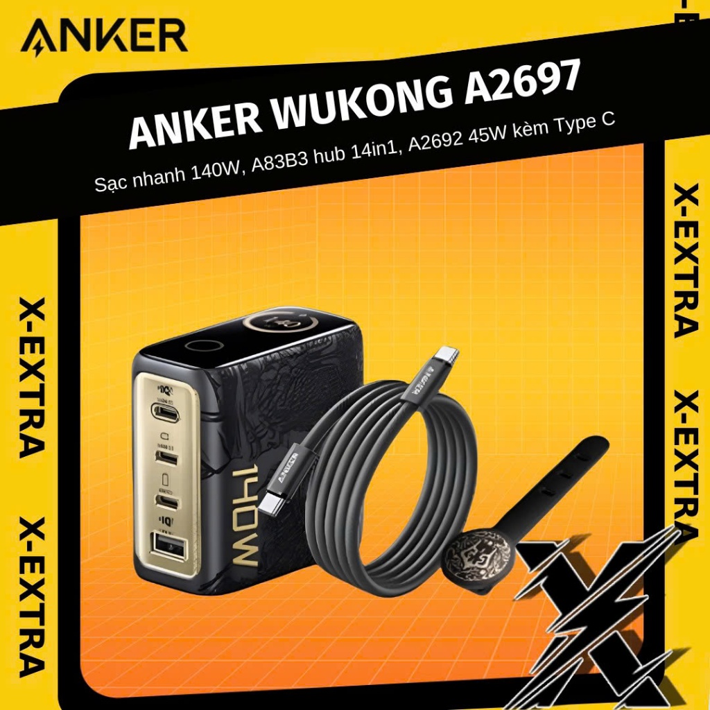 Sạc Nhanh Anker Wukong Mã A2697 140W, A83B3 hub 14in1, A2692 45W kèm Cáp Type C, Pin Dự Phòng A110G,